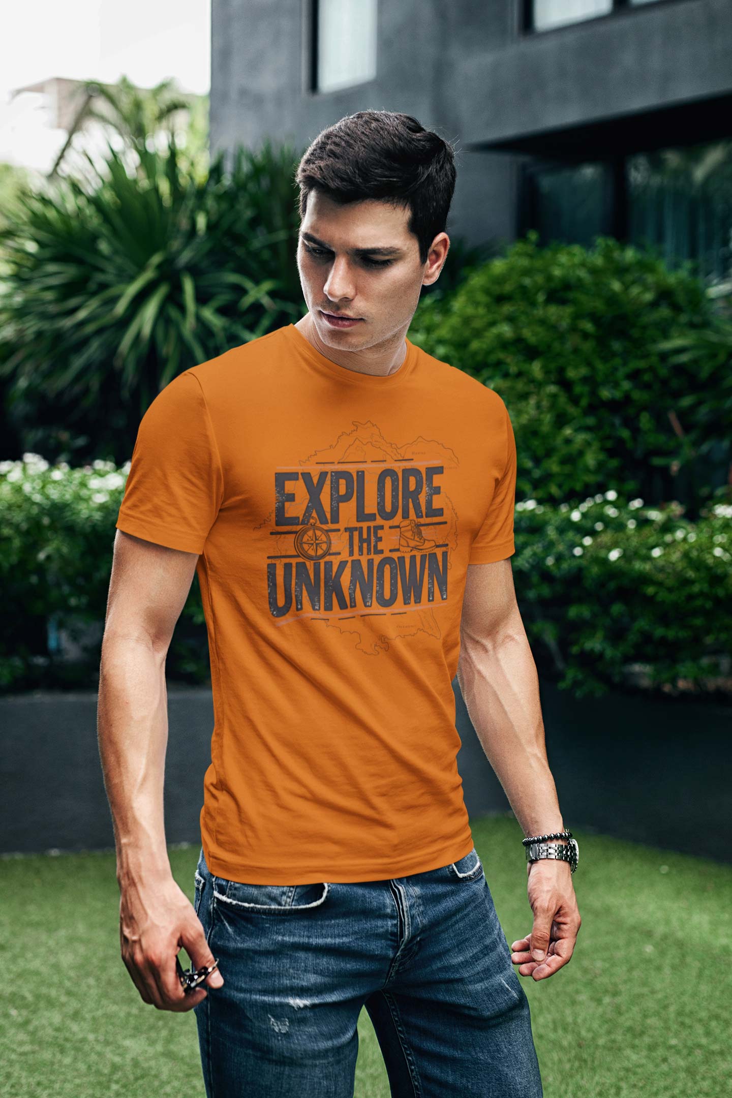 Explore the Unknown Men’s Graphic Tee – Adventure Orange Coloured T-Shirt for Hiking & Travel