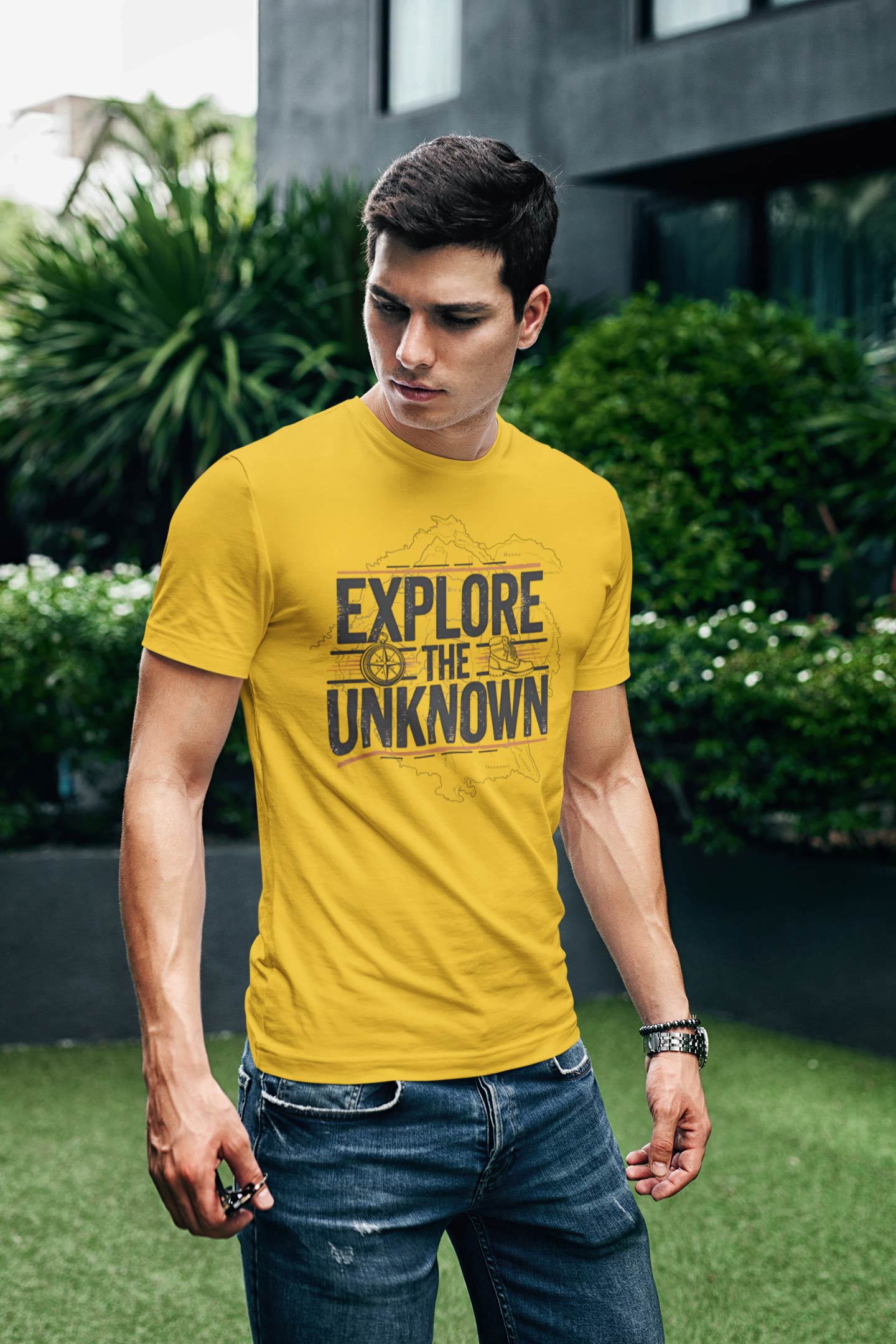 Explore the Unknown Men’s Graphic Tee – Adventure Mustard Yellow Coloured T-Shirt for Hiking & Travel
