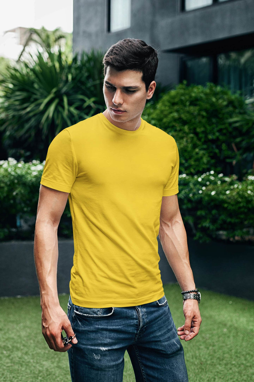 Unisex Regular Fit Mustard Yellow Plain T-Shirt With Short Sleeves And Round Neck