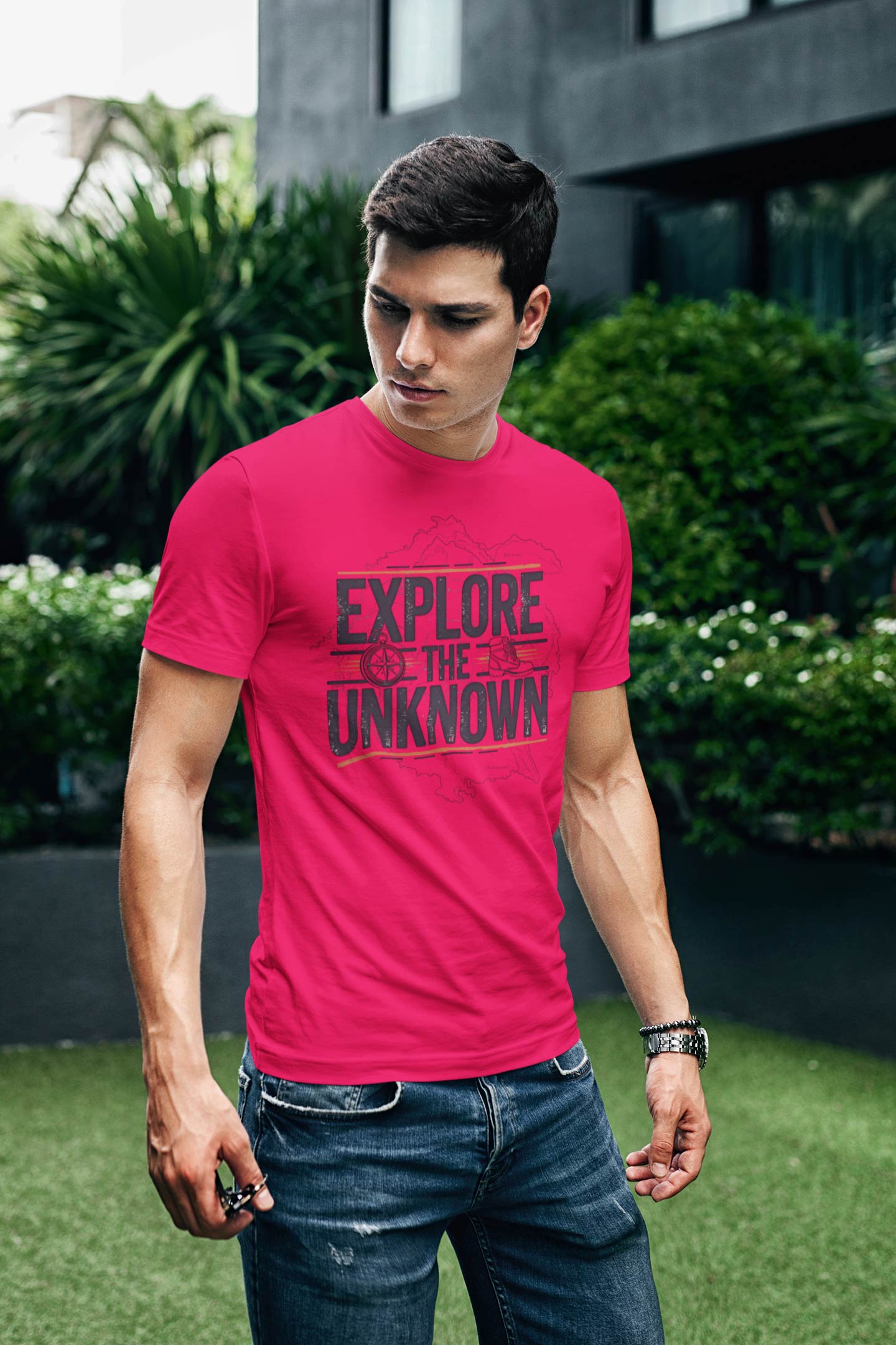 Explore the Unknown Men’s Graphic Tee – Adventure Pinkish Red Coloured T-Shirt for Hiking & Travel