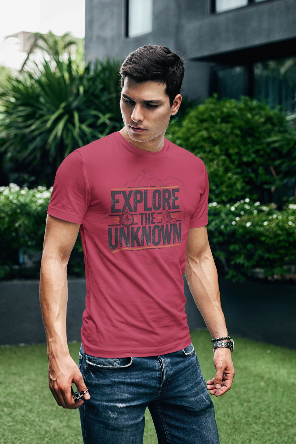 Explore the Unknown Men’s Graphic Tee – Adventure Maroon Coloured T-Shirt for Hiking & Travel