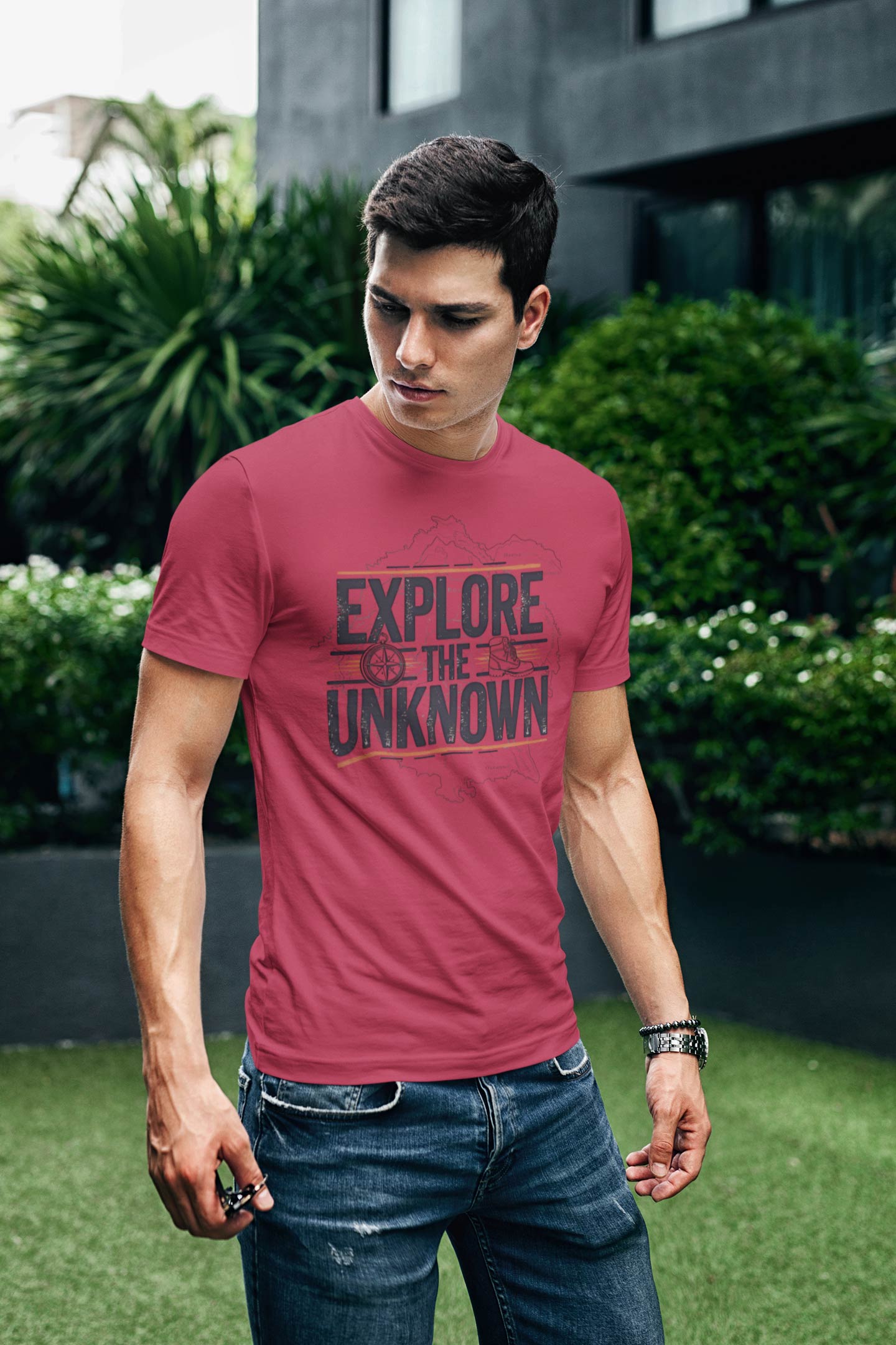 Explore the Unknown Men’s Graphic Tee – Adventure Maroon Coloured T-Shirt for Hiking & Travel
