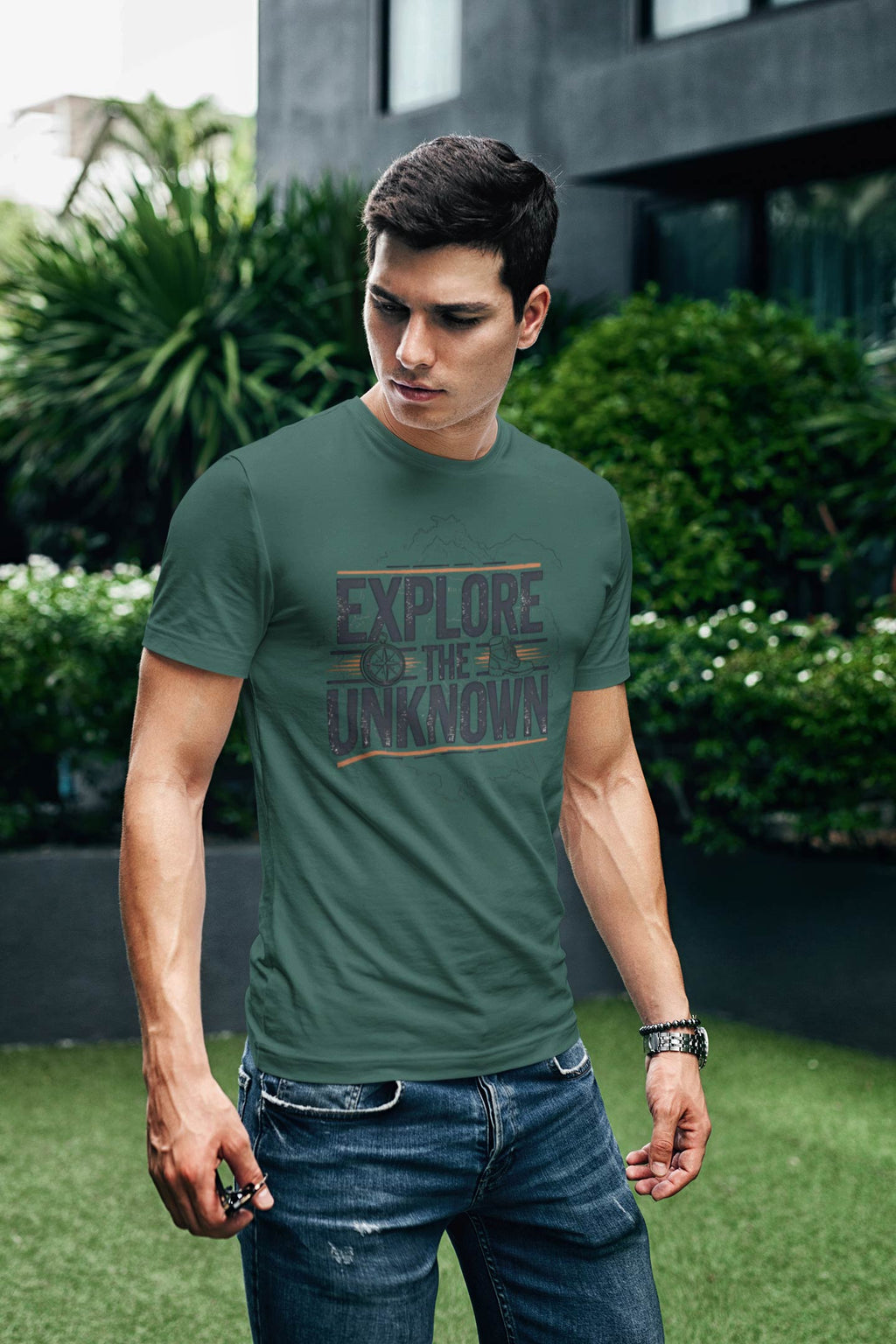 Explore the Unknown Men’s Graphic Tee – Adventure Bottle Green Coloured T-Shirt for Hiking & Travel
