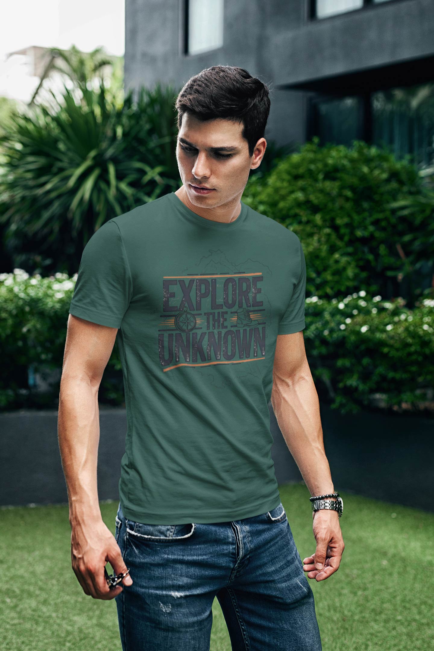 Explore the Unknown Men’s Graphic Tee – Adventure Bottle Green Coloured T-Shirt for Hiking & Travel