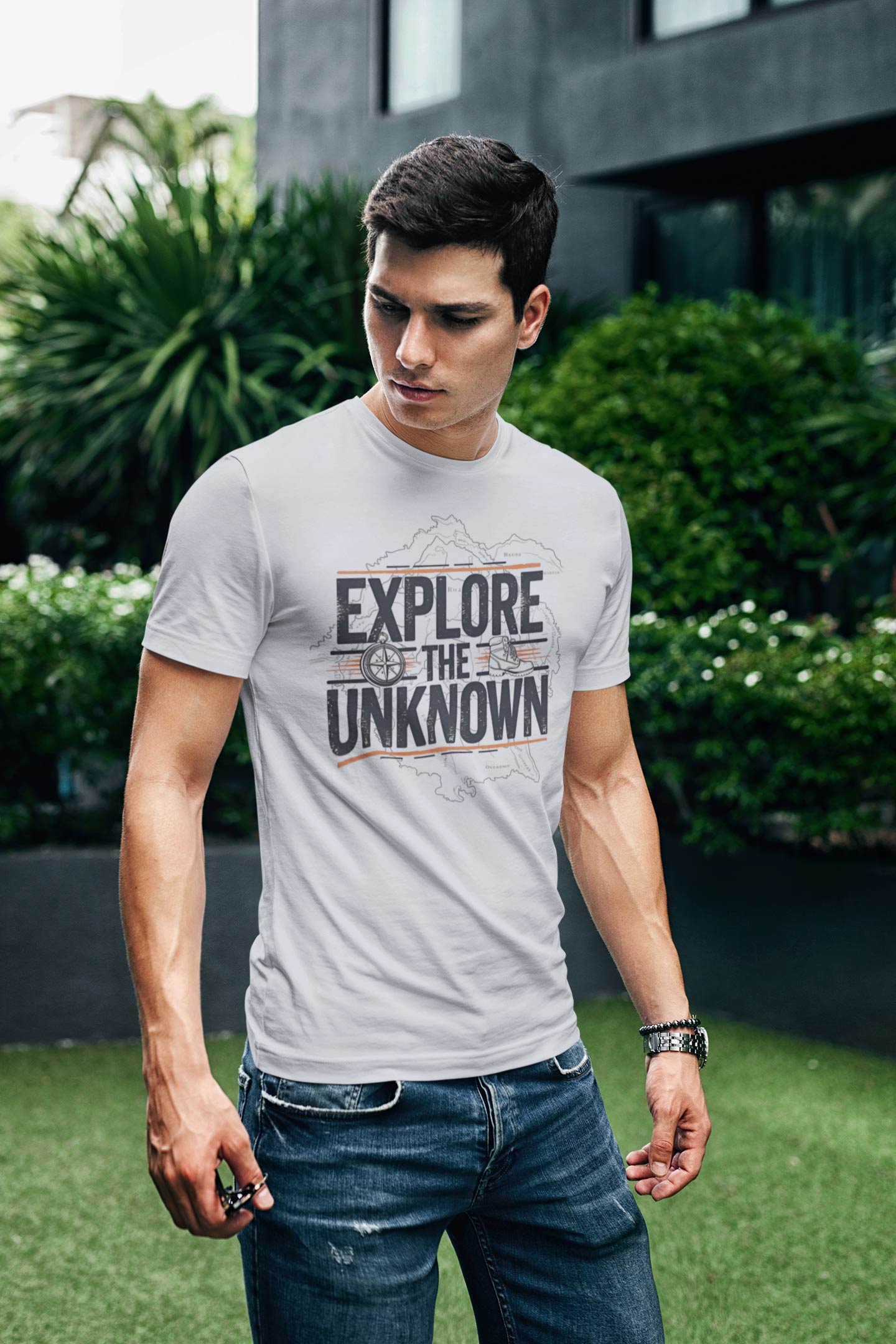 Explore the Unknown Men’s Graphic Tee – Adventure White Coloured T-Shirt for Hiking & Travel
