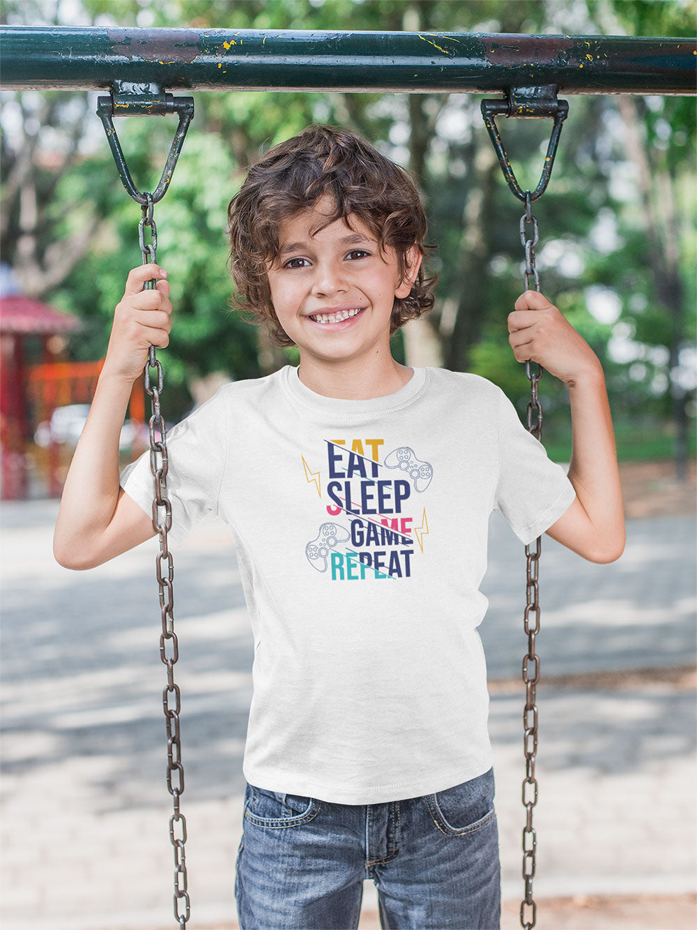 White “Eat Sleep Game Repeat” Kids Graphic T Shirt