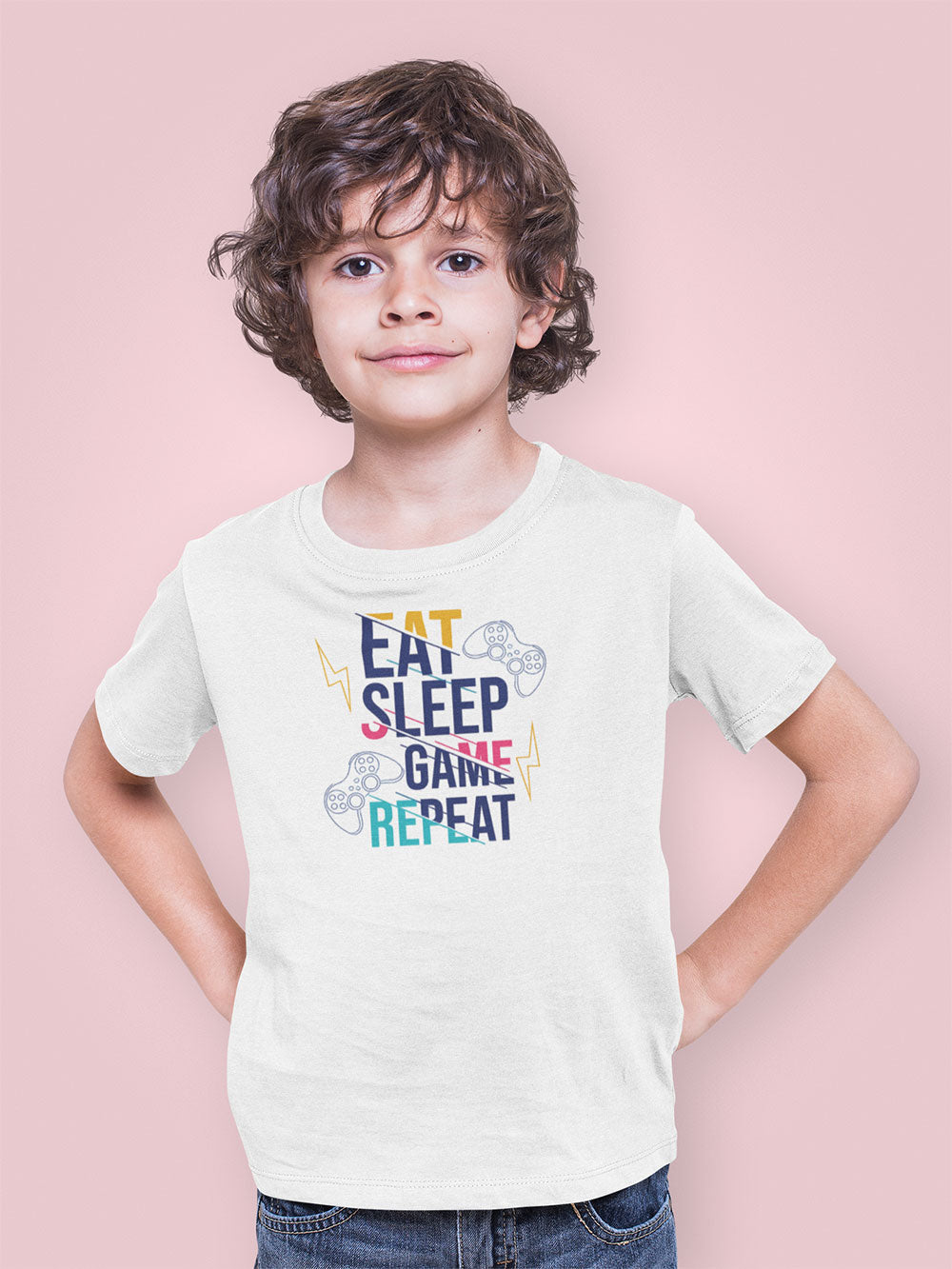 White “Eat Sleep Game Repeat” Kids Graphic T Shirt
