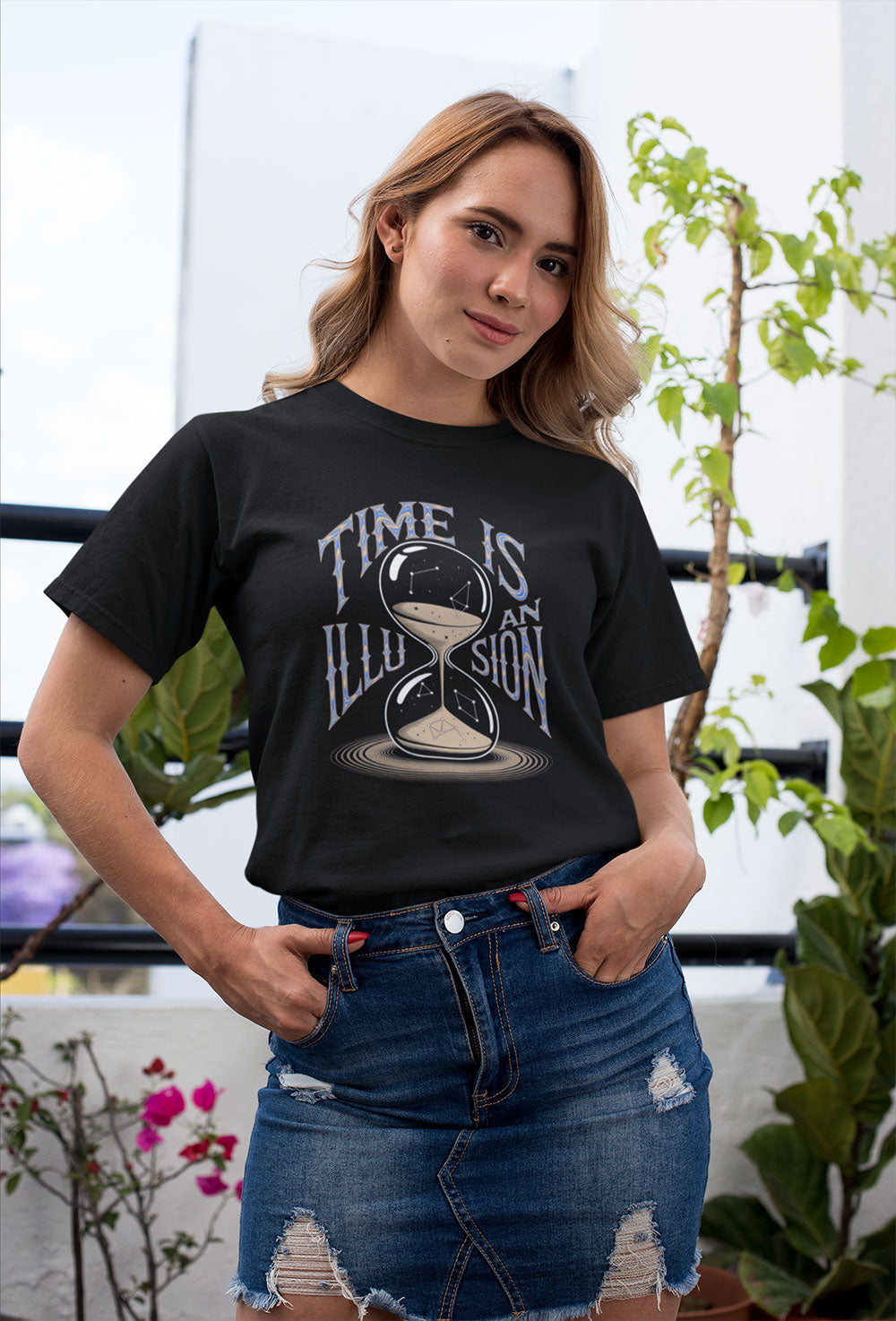 Women's Time Is An Illusion T Shirt – Black Cotton Tee with Hourglass Graphic