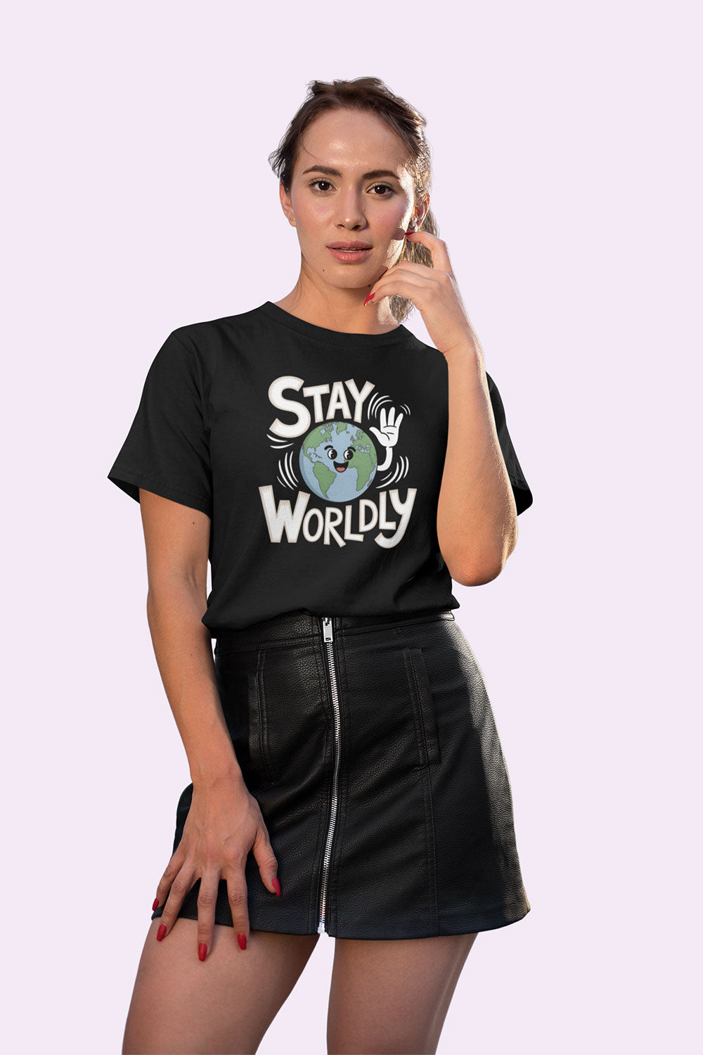 Stay Worldly Black Graphic T Shirt for Women with Positive Global Message