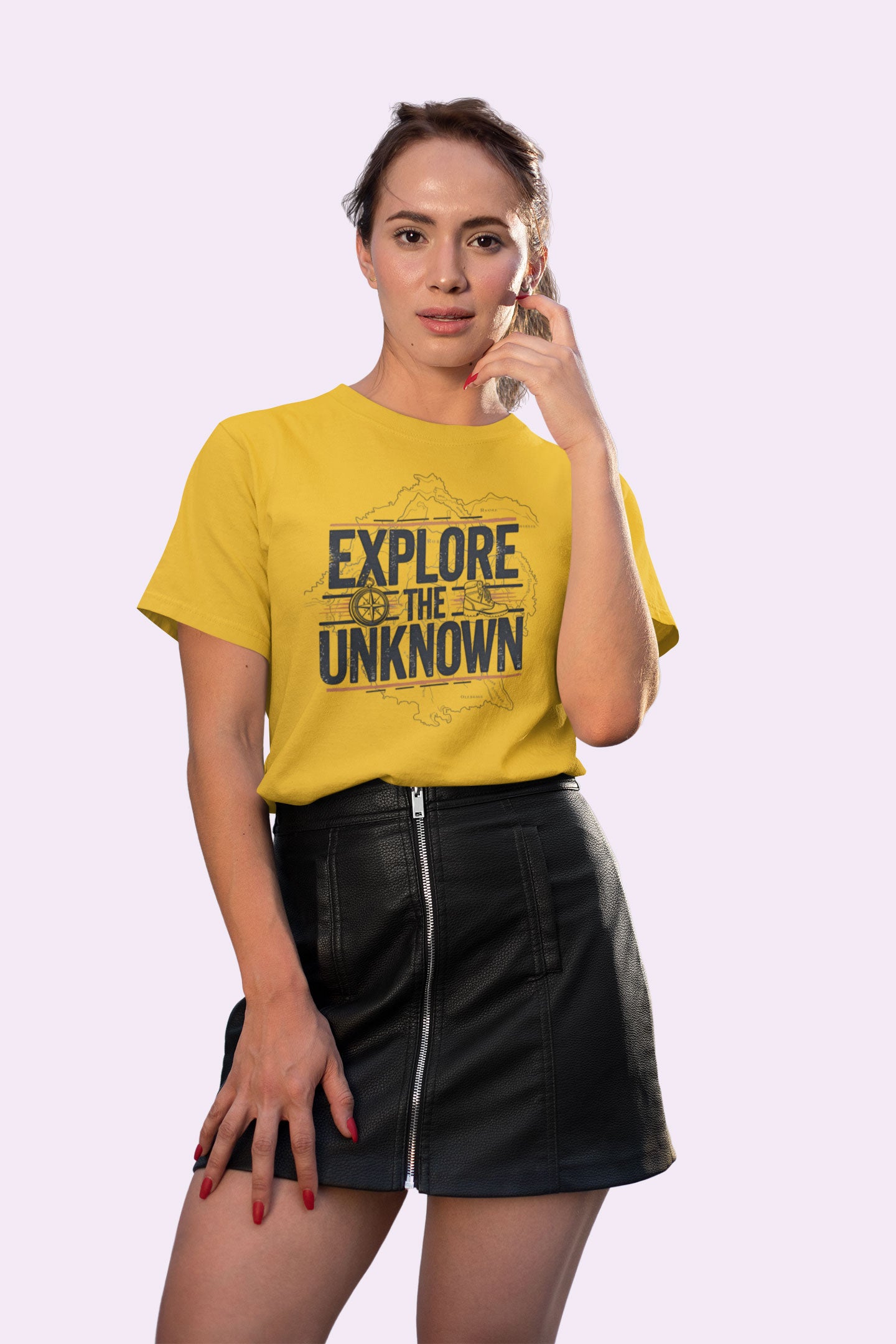 Explore the Unknown Women’s Graphic Tee – Adventure Mustard Yellow Coloured T-Shirt for Hiking & Travel