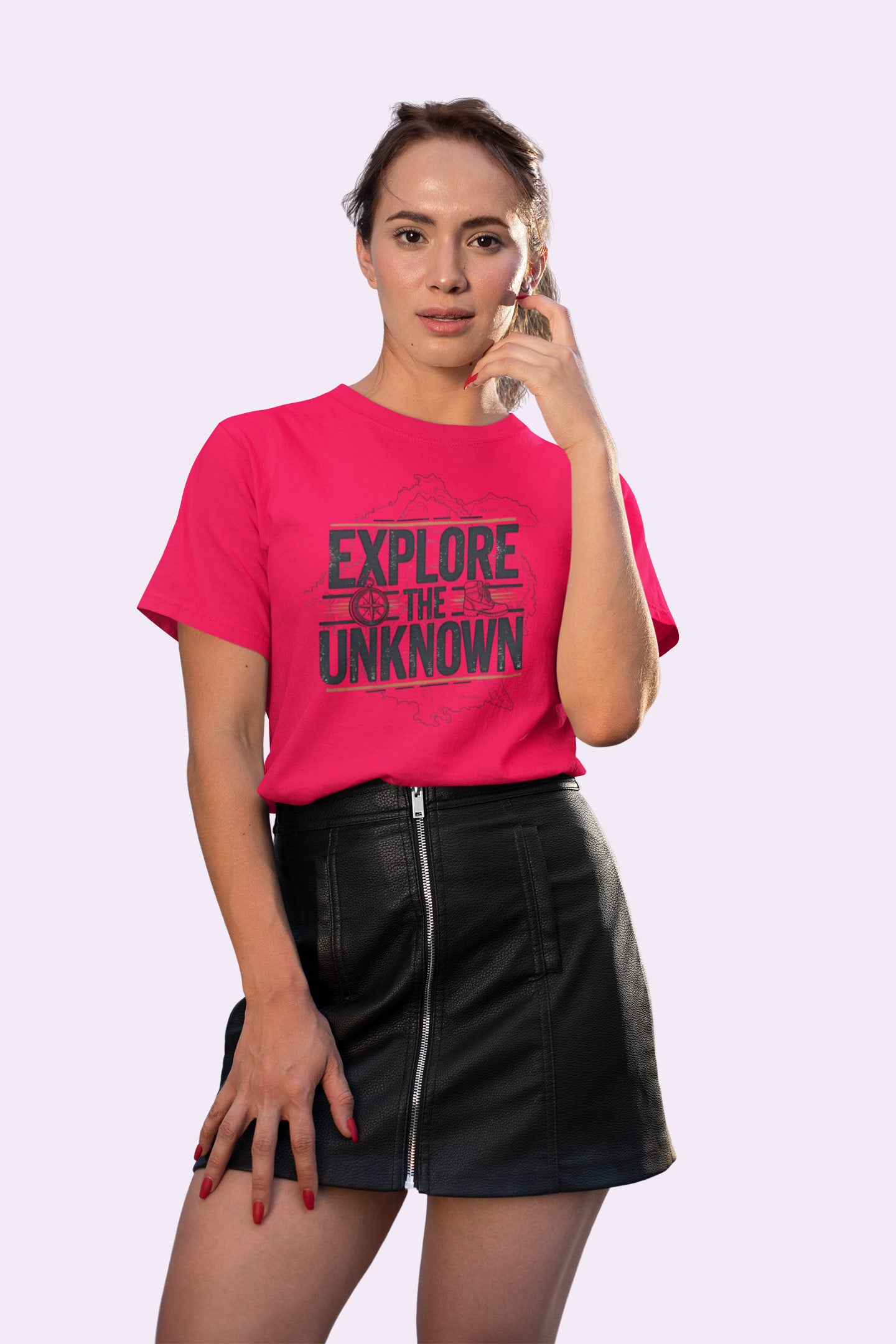 Explore the Unknown Women’s Graphic Tee – Adventure Pinkish Red Coloured T-Shirt for Hiking & Travel