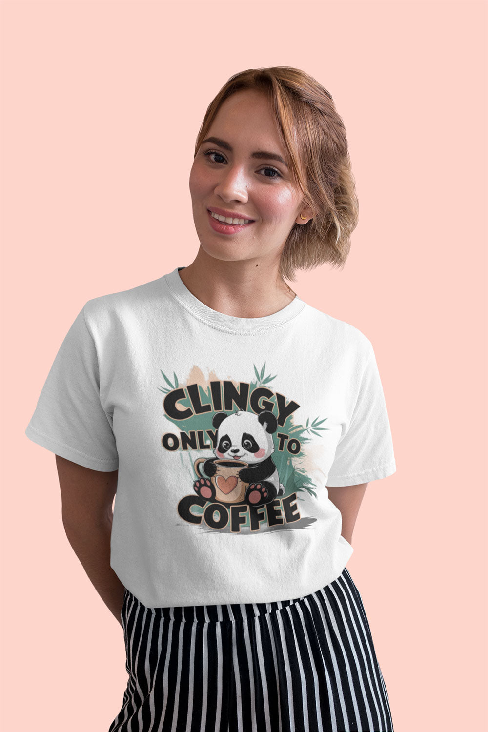 Clingy Only to Coffee Cute Panda Graphic  T-Shirt