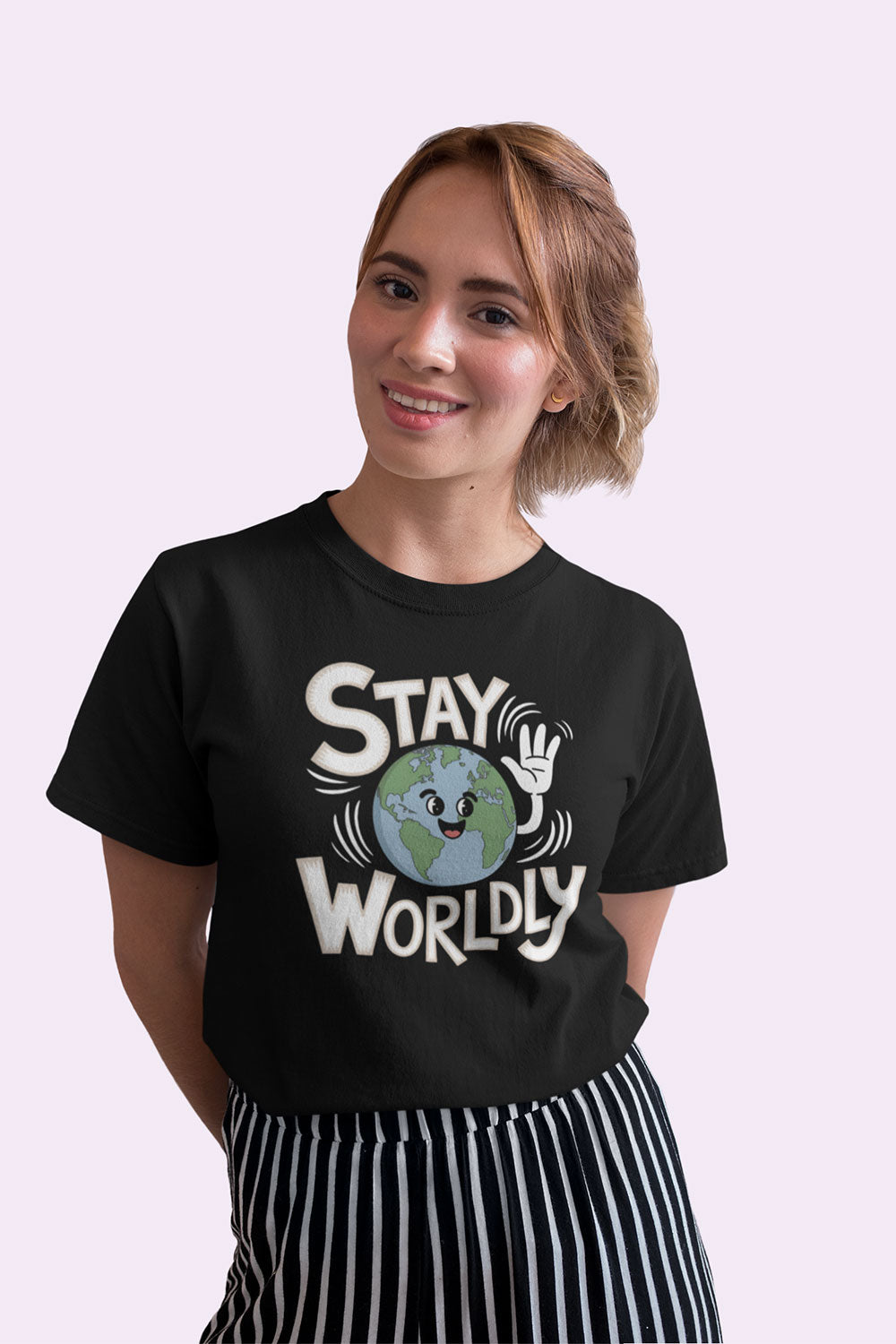 Stay Worldly Black Graphic T Shirt for Women with Positive Global Message