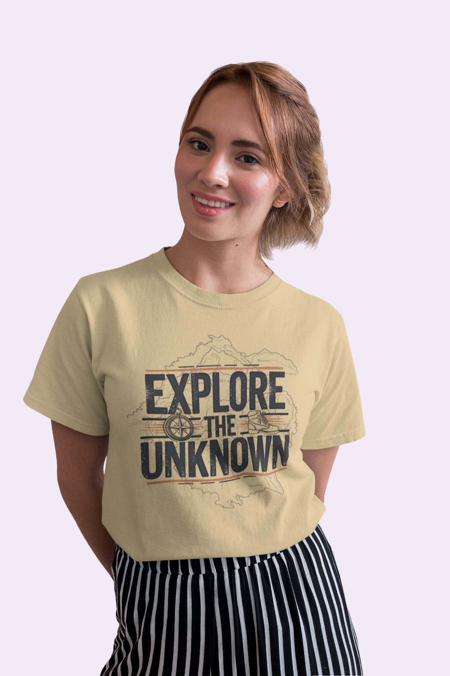 Explore the Unknown Women’s Graphic Tee – Adventure Beige Coloured T-Shirt for Hiking & Travel