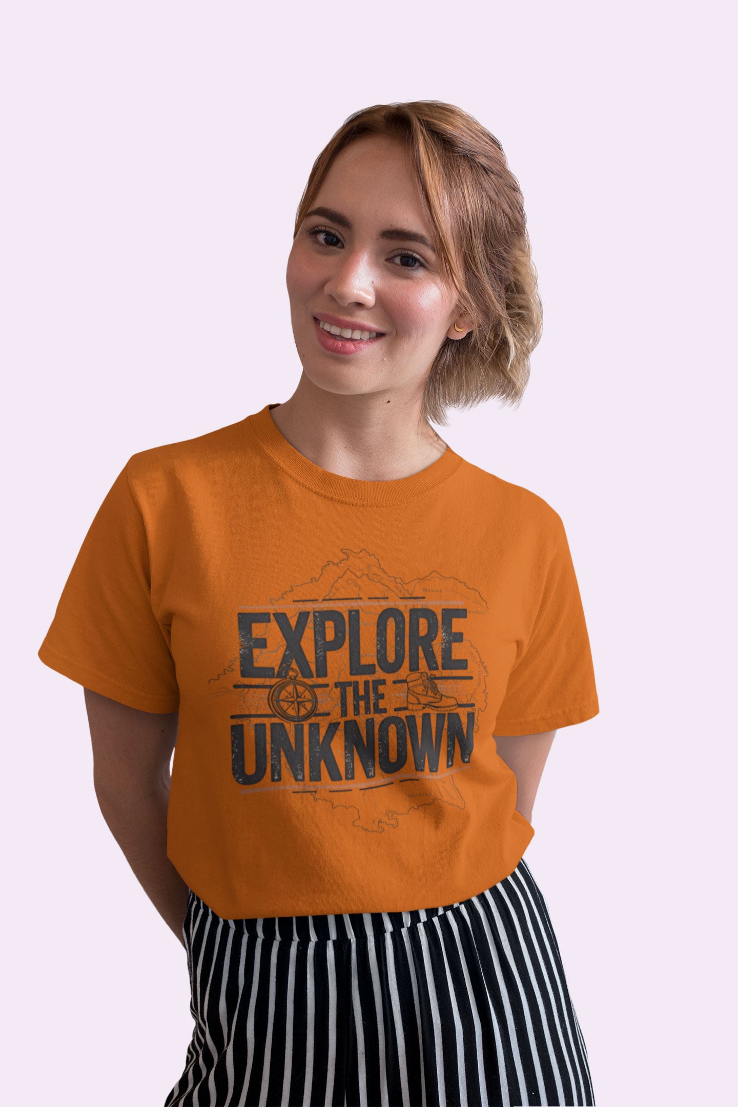 Explore the Unknown Women’s Graphic Tee – Adventure Orange Coloured T-Shirt for Hiking & Travel