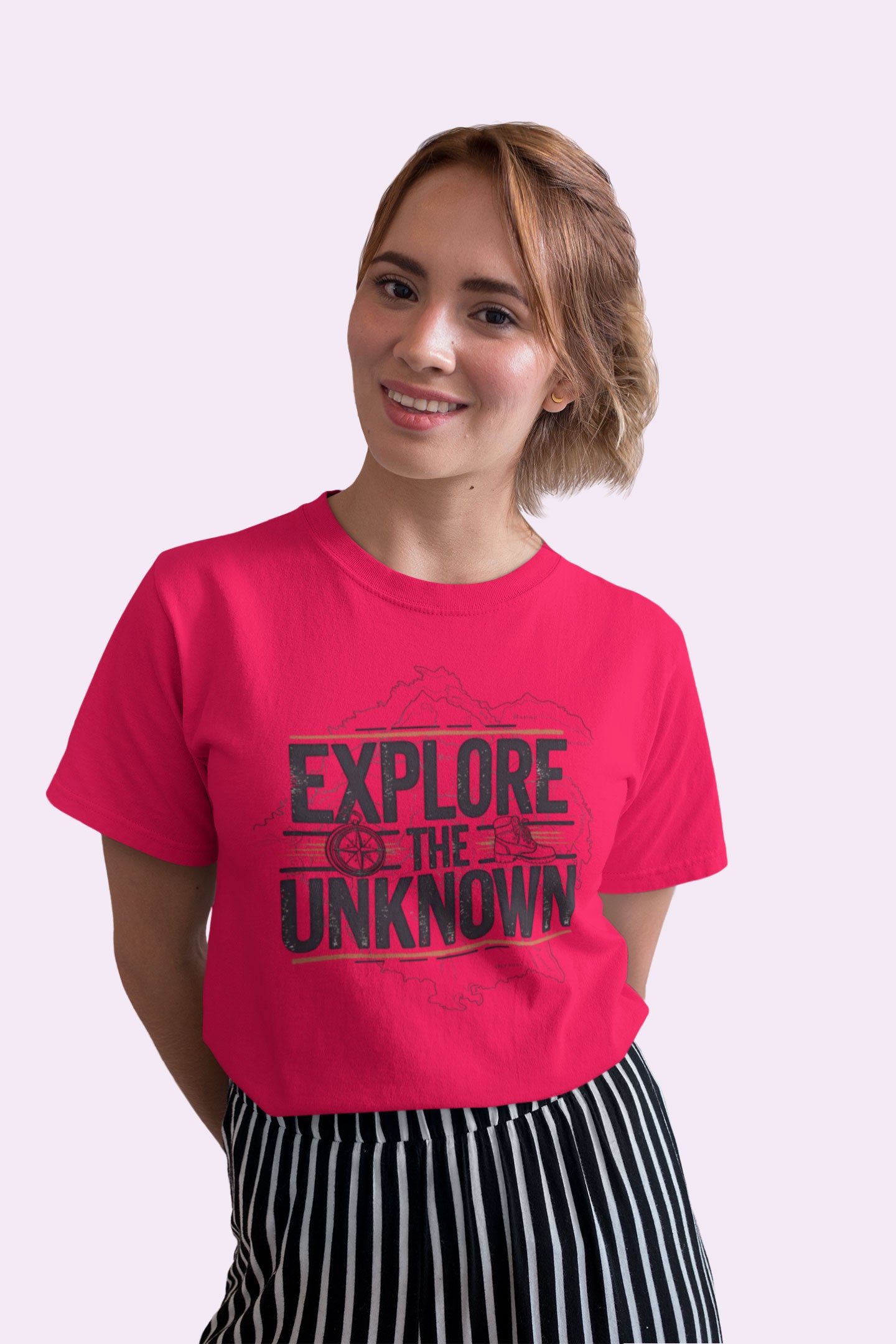 Explore the Unknown Women’s Graphic Tee – Adventure Pinkish Red Coloured T-Shirt for Hiking & Travel