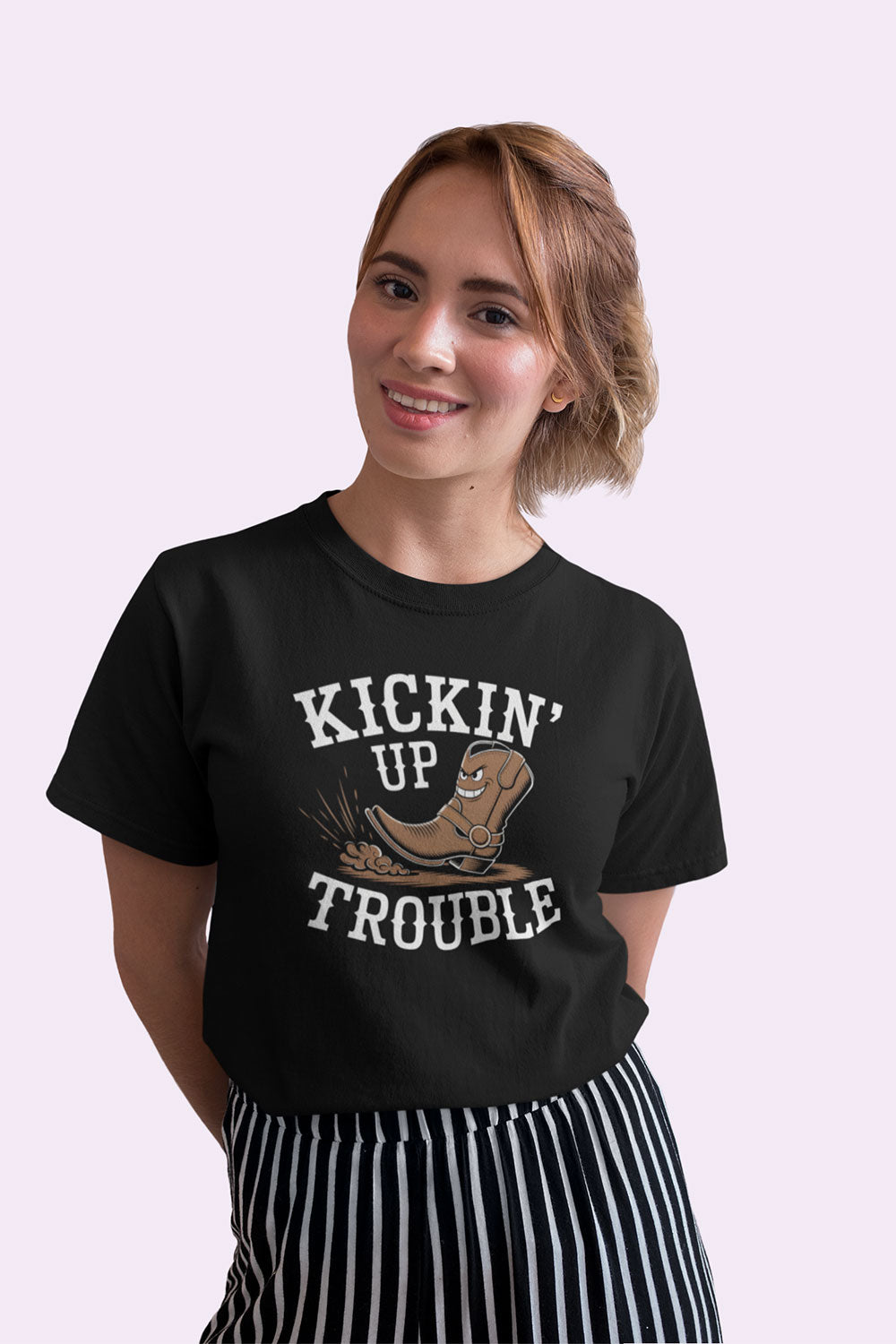 Kickin’ Up Trouble Women’s Cowboy Boot Graphic T Shirt