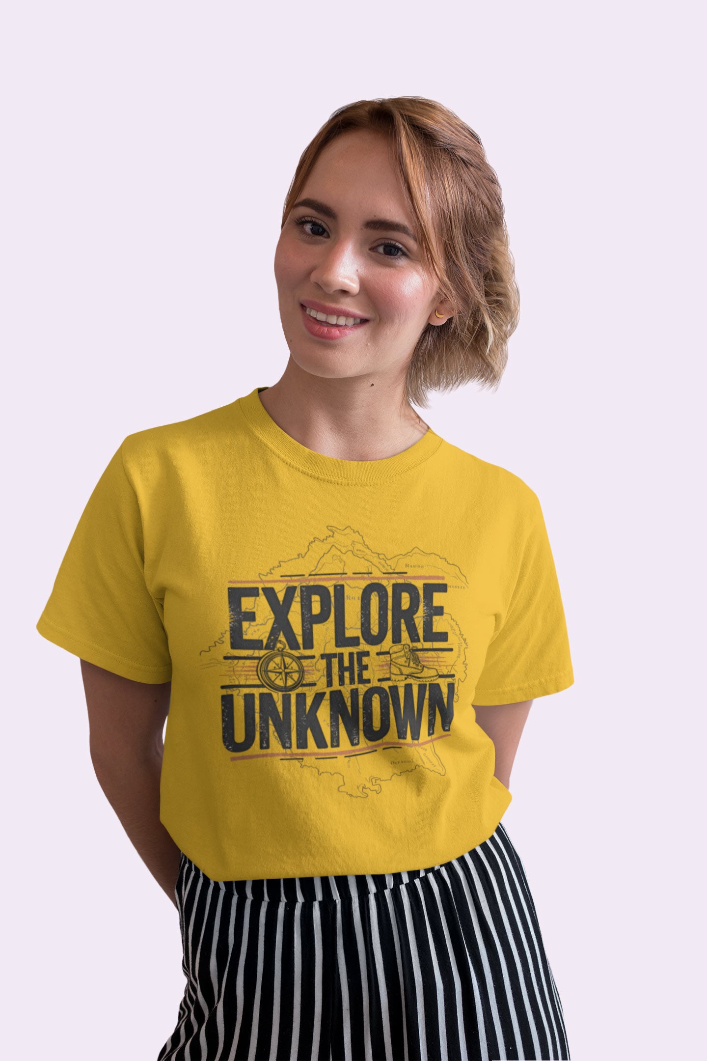 Explore the Unknown Women’s Graphic Tee – Adventure Mustard Yellow Coloured T-Shirt for Hiking & Travel