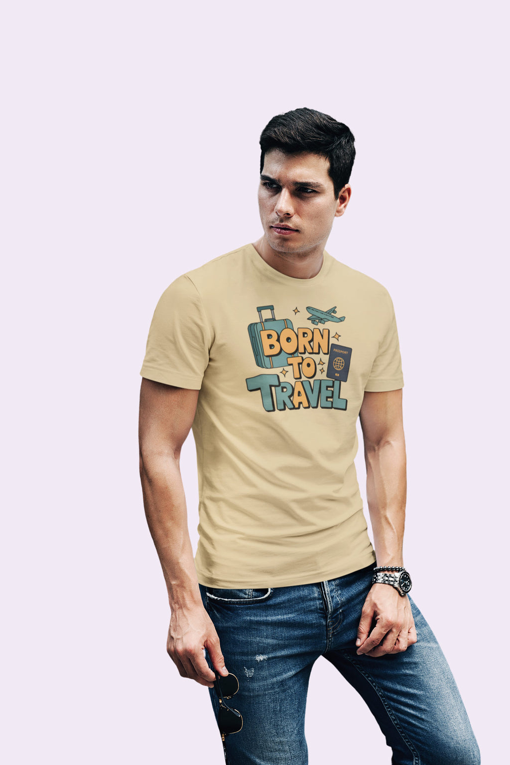 Born to Travel Men's Graphic Beige Coloured T-Shirt - Travel Tee