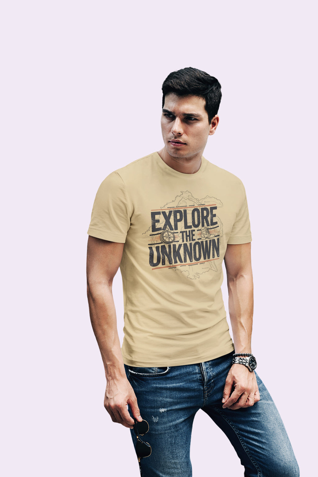 Explore the Unknown Men’s Graphic Tee – Adventure Beige Coloured T-Shirt for Hiking & Travel