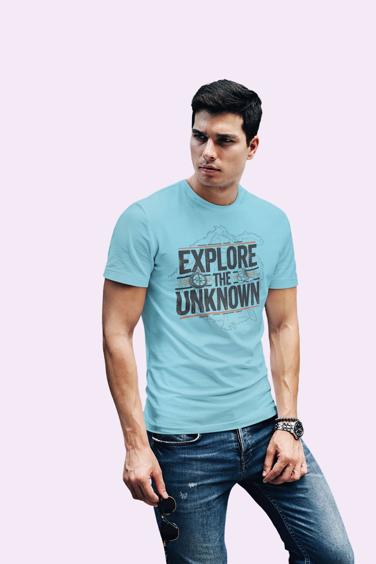Explore the Unknown Men’s Graphic Tee – Adventure Sky Blue Coloured T-Shirt for Hiking & Travel