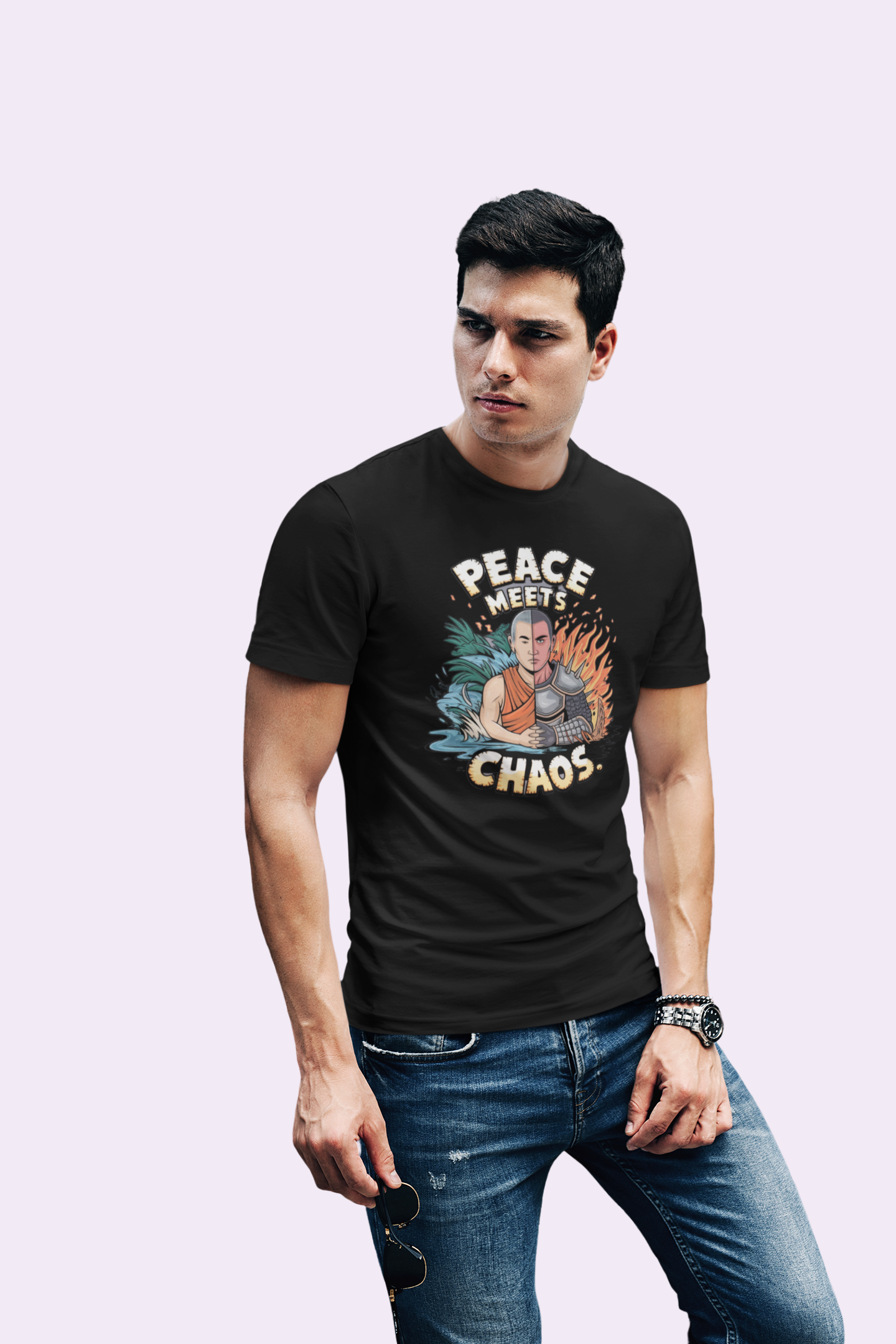 Peace Meets Chaos Men’s Graphic T Shirt – Black Duality Monk Warrior Streetwear
