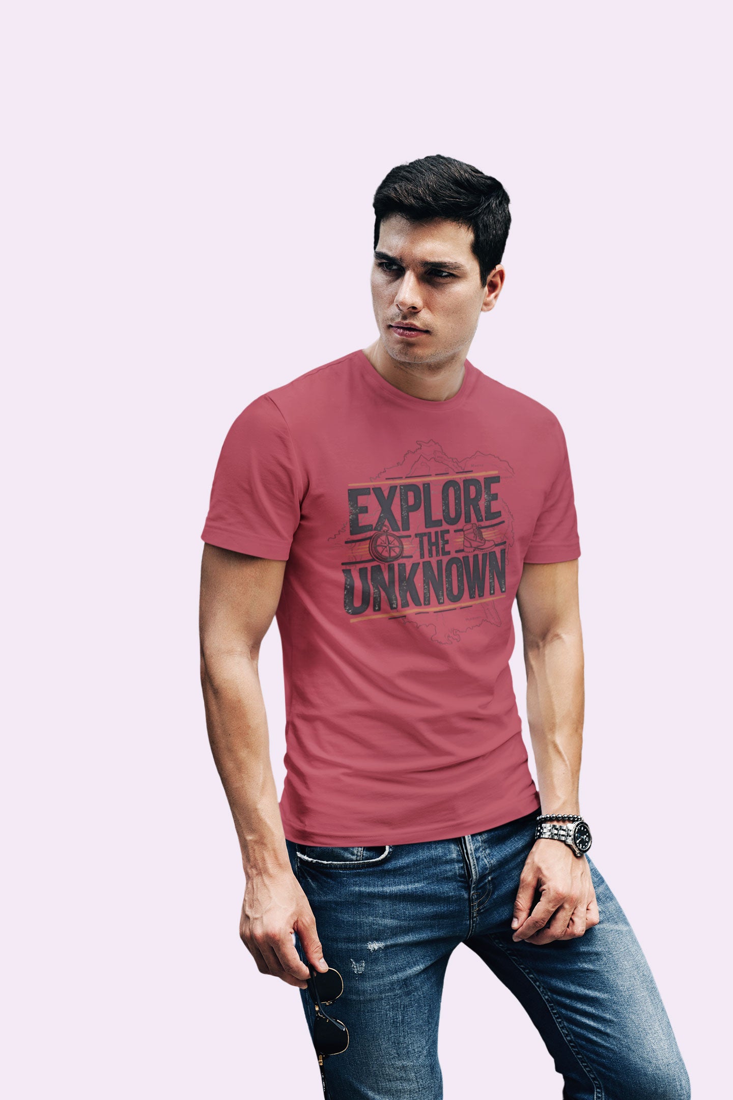 Explore the Unknown Men’s Graphic Tee – Adventure Maroon Coloured T-Shirt for Hiking & Travel