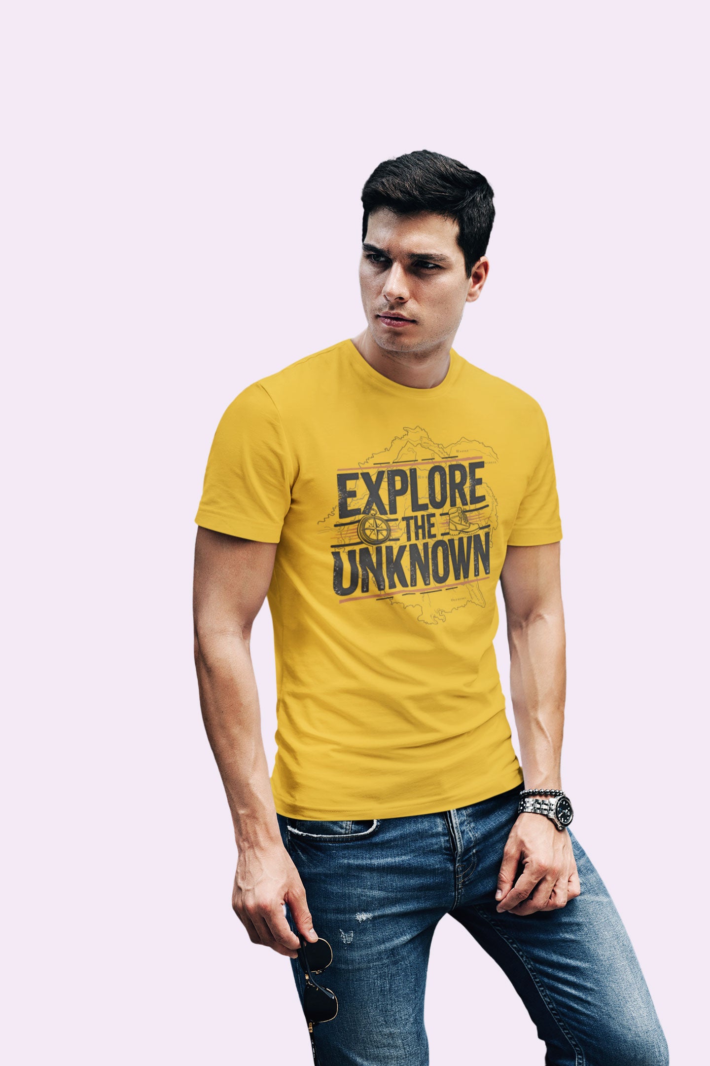 Explore the Unknown Men’s Graphic Tee – Adventure Mustard Yellow Coloured T-Shirt for Hiking & Travel