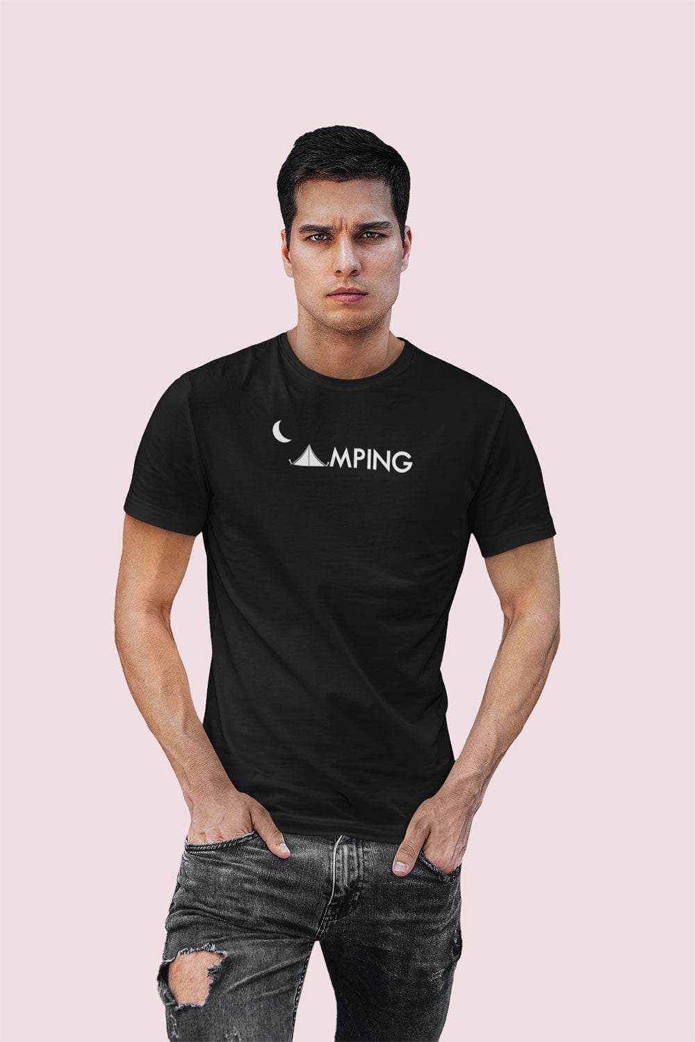 Black “Camping” Minimal Graphic T Shirt