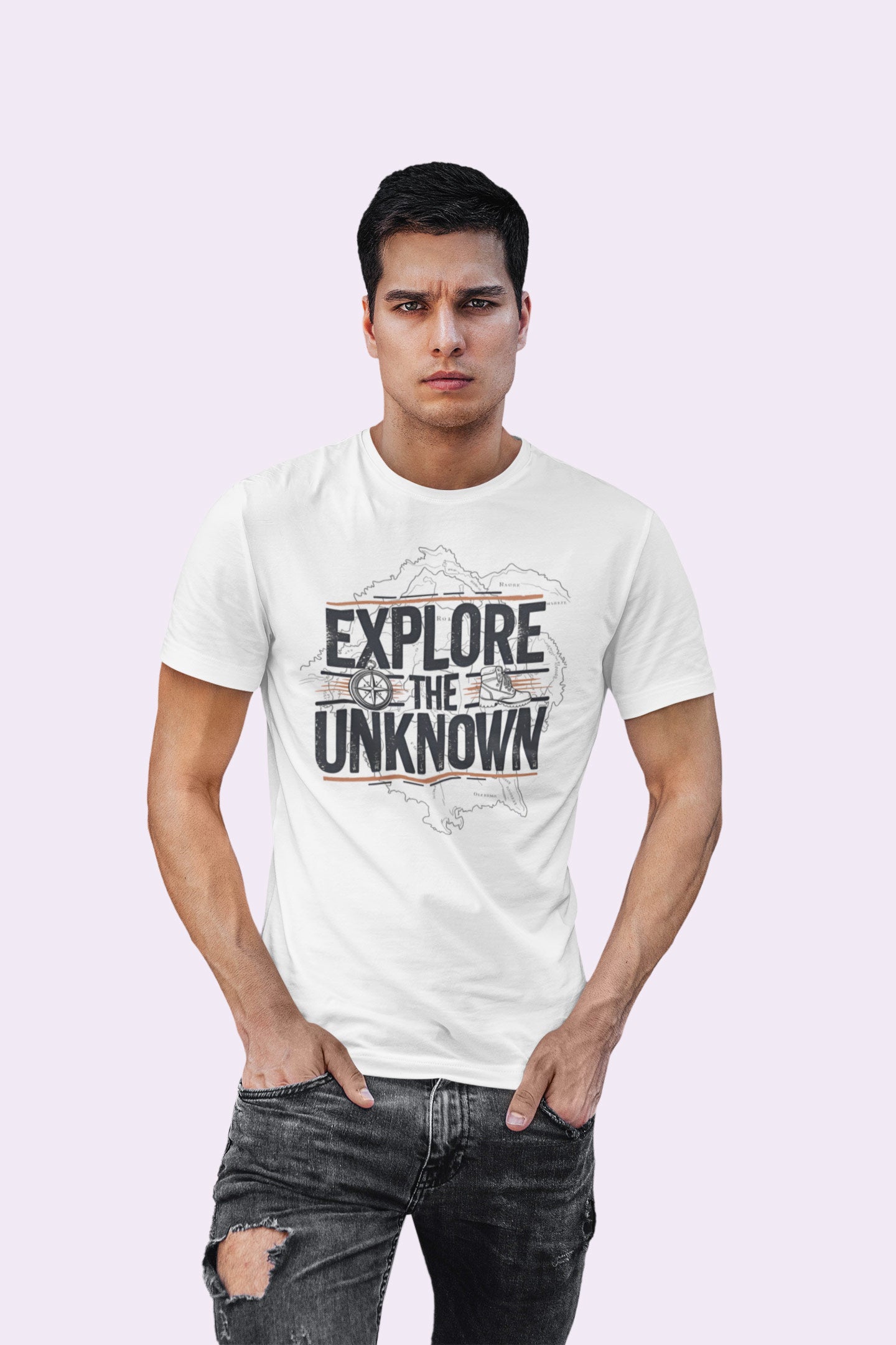 Explore the Unknown Men’s Graphic Tee – Adventure Light Gray Coloured T-Shirt for Hiking & Travel