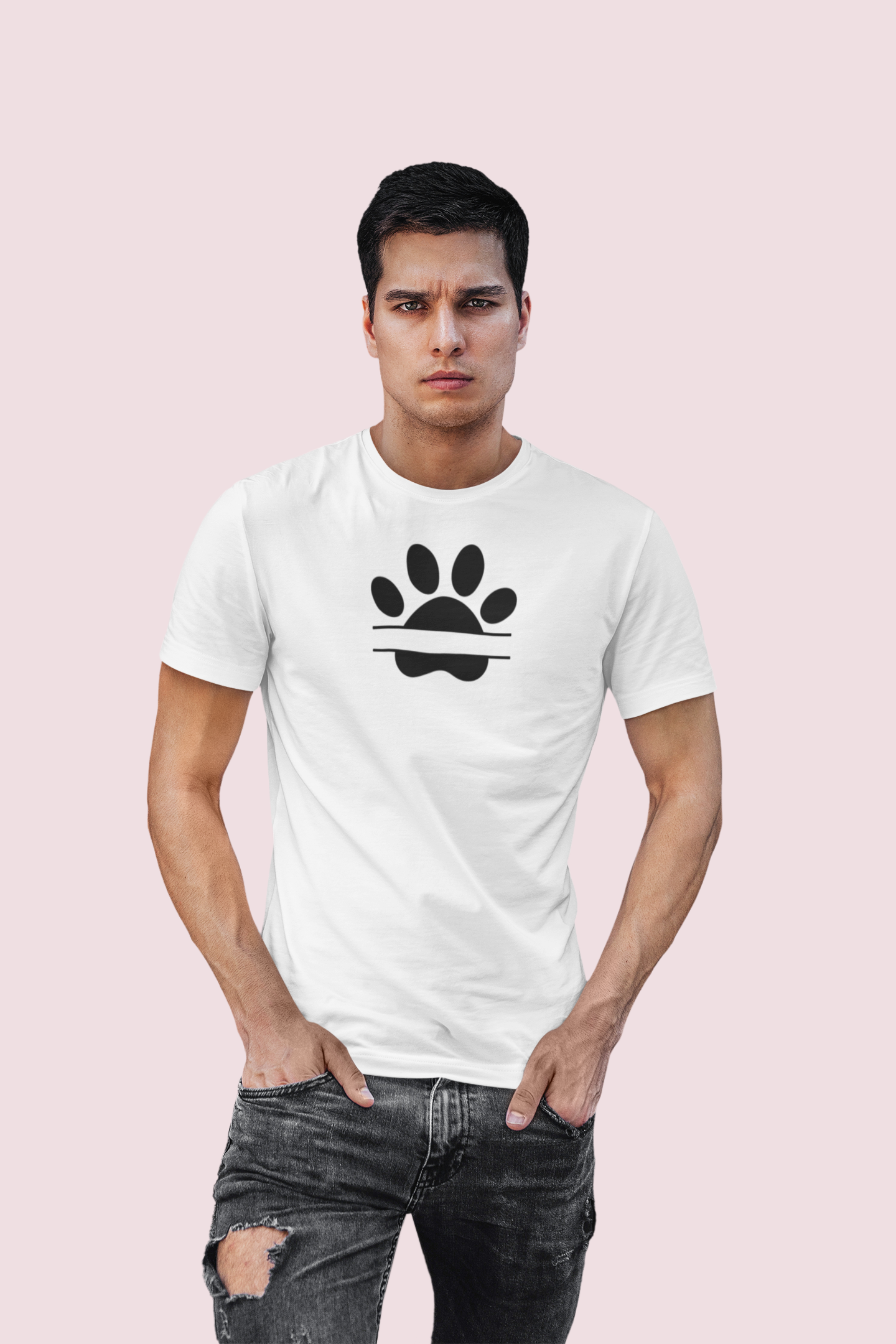 Customizable Paw Print T Shirt Men White Round Neck Casual Wear
