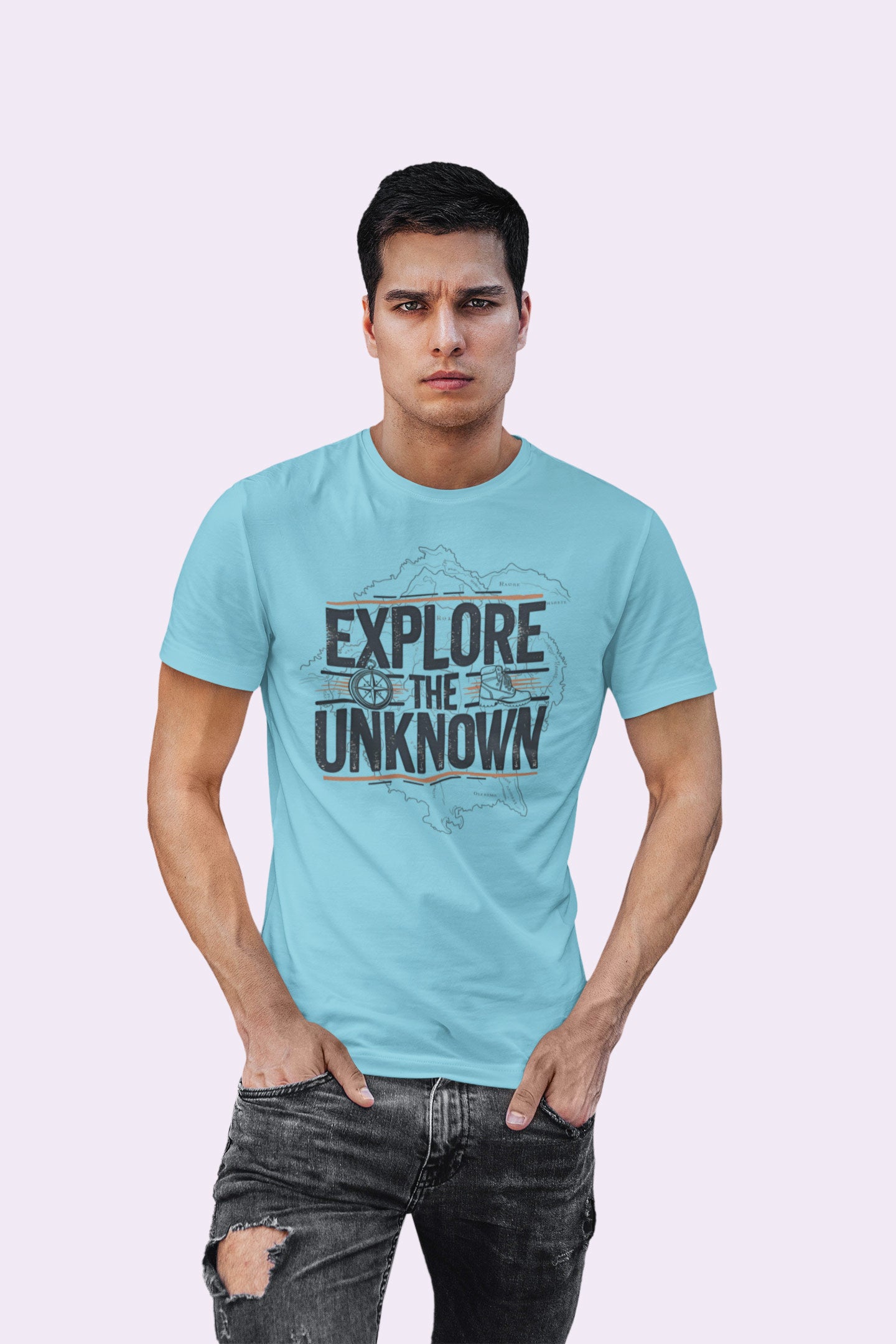 Explore the Unknown Men’s Graphic Tee – Adventure Sky Blue Coloured T-Shirt for Hiking & Travel