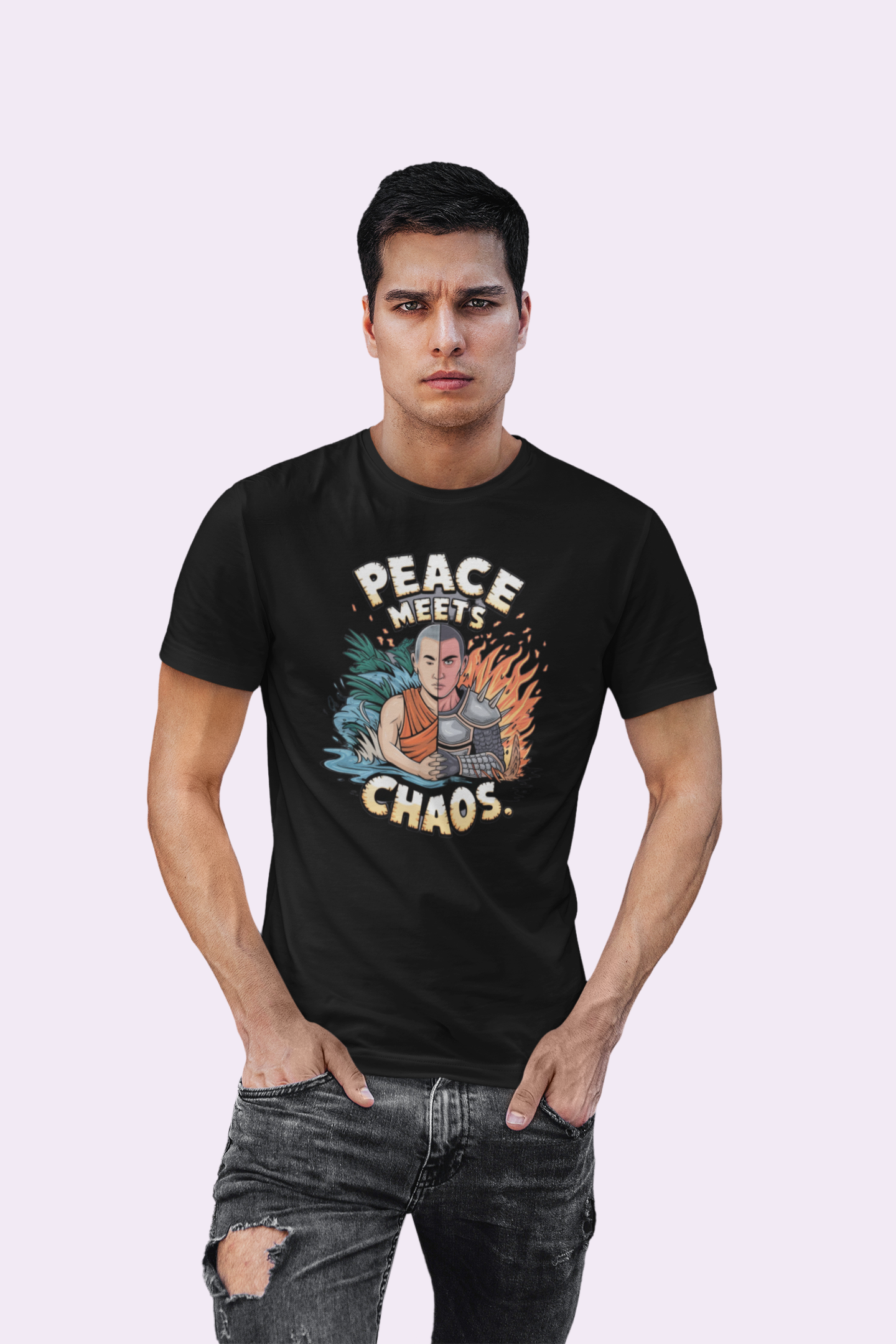 Peace Meets Chaos Men’s Graphic T Shirt – Black Duality Monk Warrior Streetwear