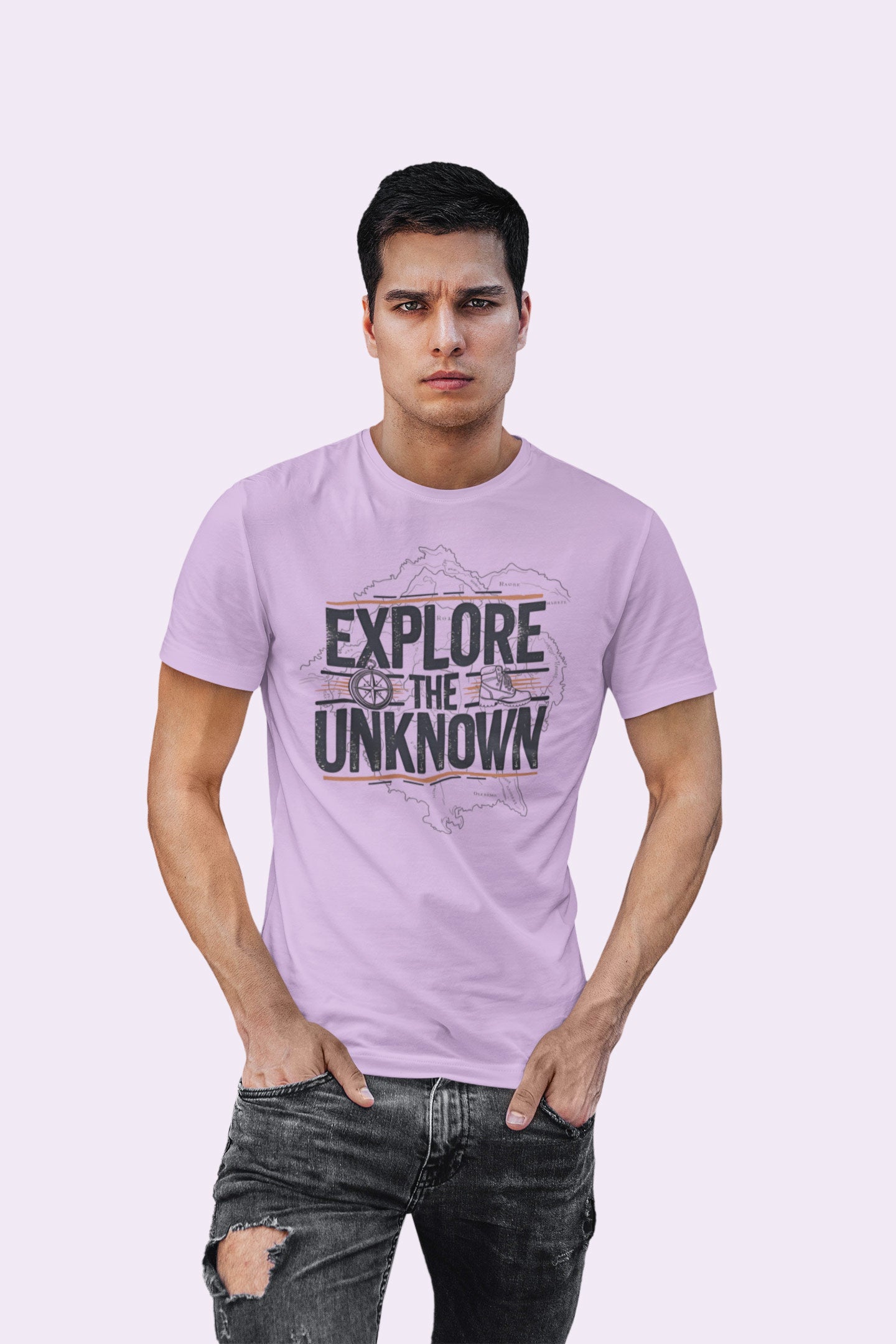 Explore the Unknown Men’s Graphic Tee – Adventure Lavender Coloured T-Shirt for Hiking & Travel
