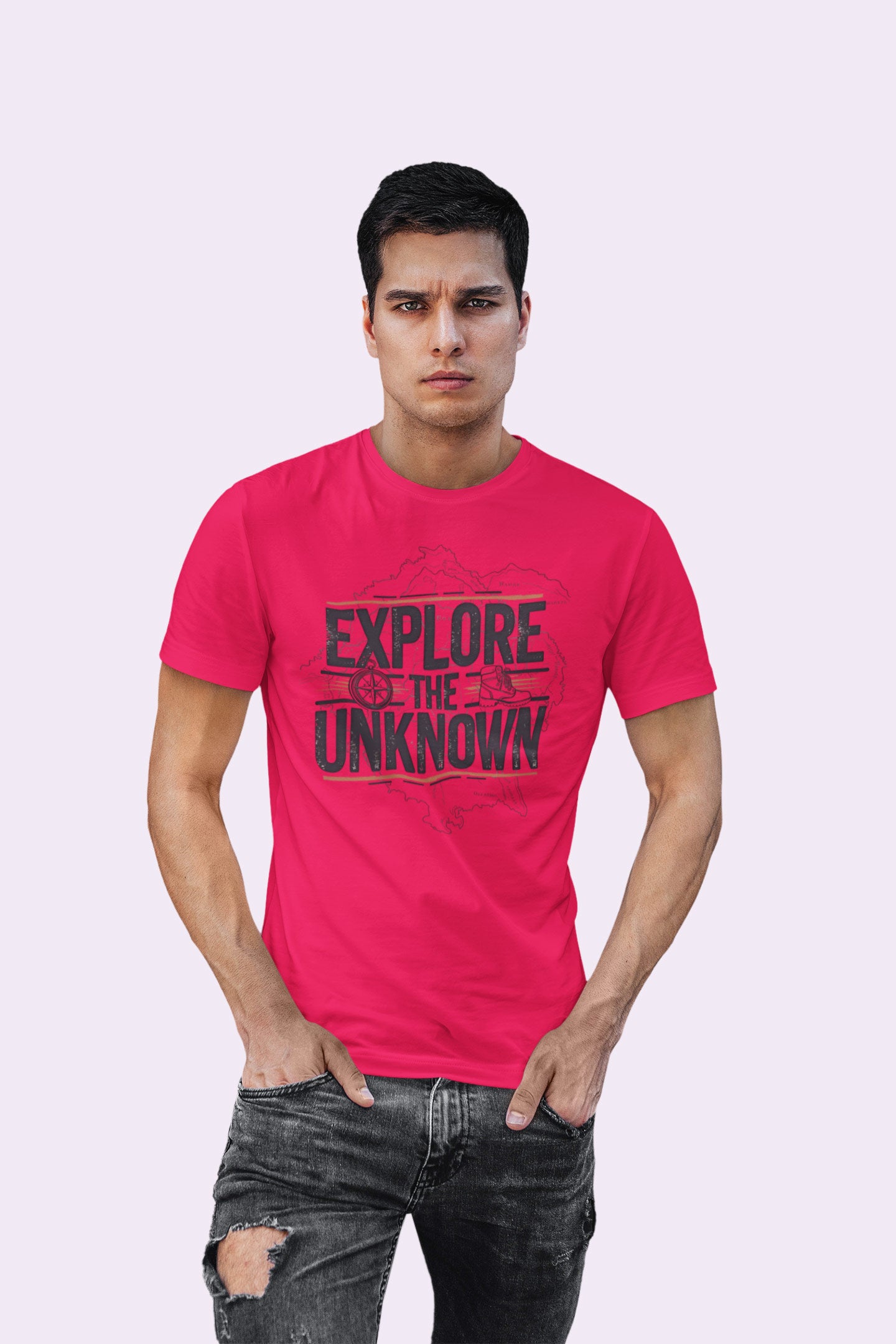 Explore the Unknown Men’s Graphic Tee – Adventure Pinkish Red Coloured T-Shirt for Hiking & Travel