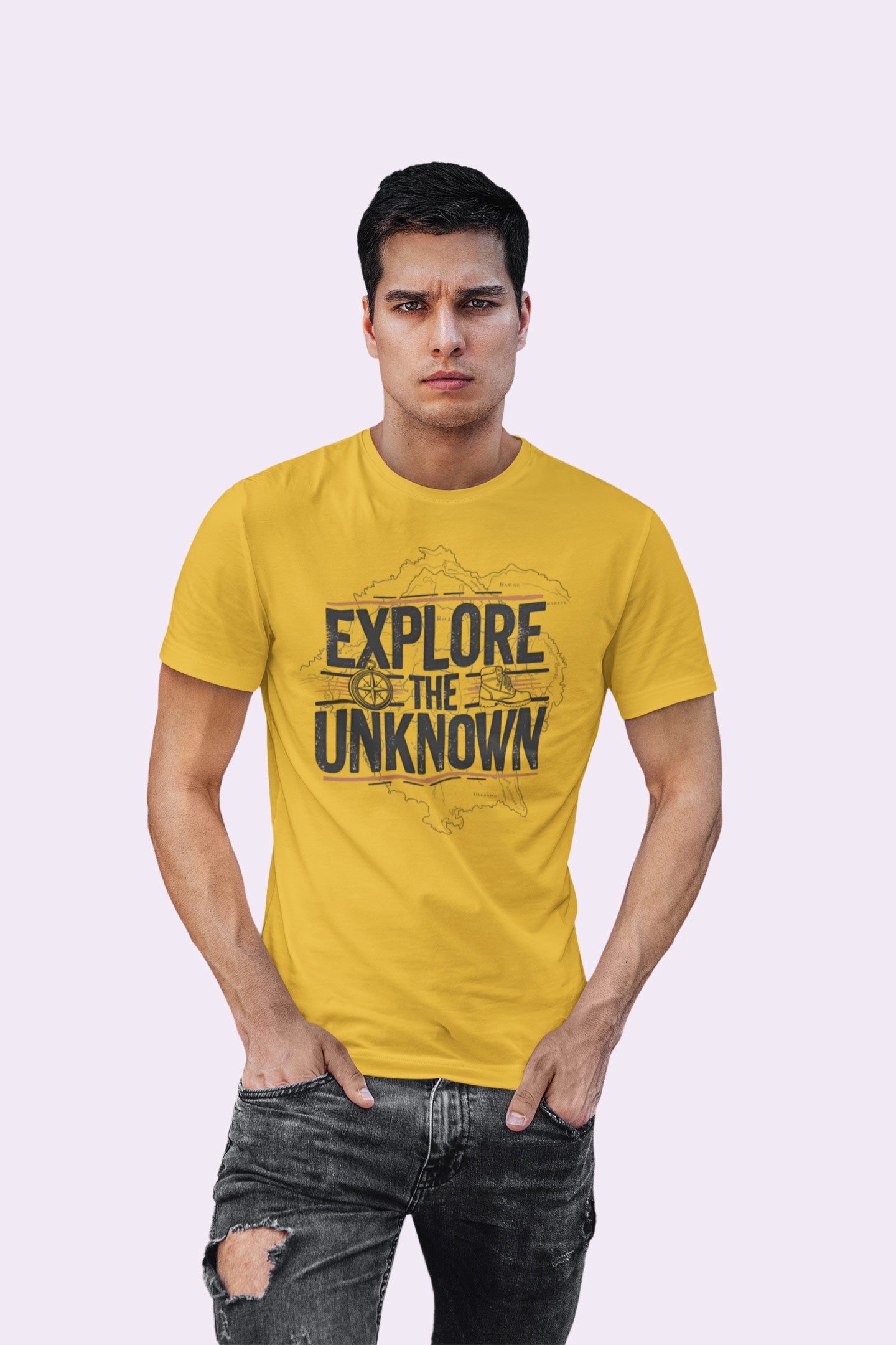 Explore the Unknown Men’s Graphic Tee – Adventure Mustard Yellow Coloured T-Shirt for Hiking & Travel