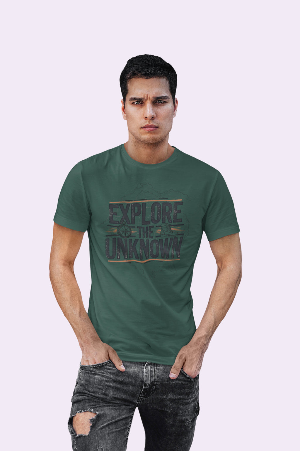 Explore the Unknown Men’s Graphic Tee – Adventure Bottle Green Coloured T-Shirt for Hiking & Travel