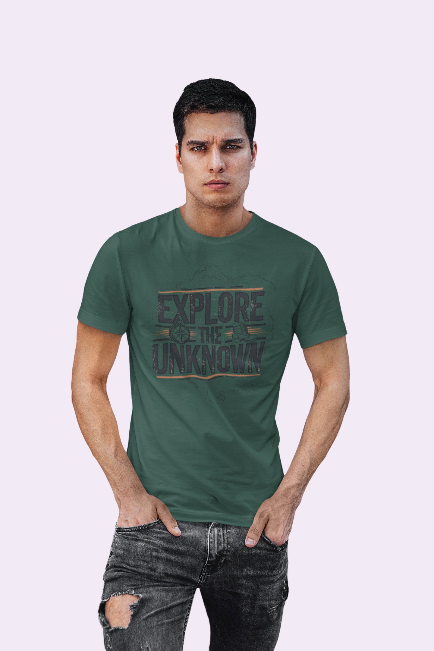 Explore the Unknown Men’s Graphic Tee – Adventure Bottle Green Coloured T-Shirt for Hiking & Travel