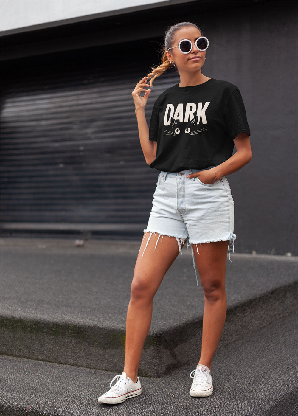 Women's DARK Graphic T Shirt – Black Cotton Tee with Cat Design